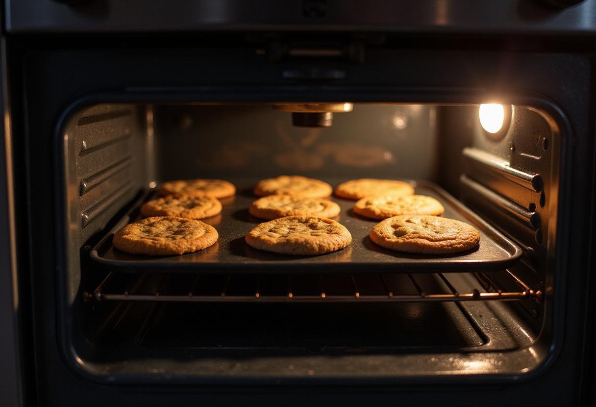 Freshly baked Friends Phoebe’s Vegan Cookies inside the oven, showing their golden brown color and delicious texture.