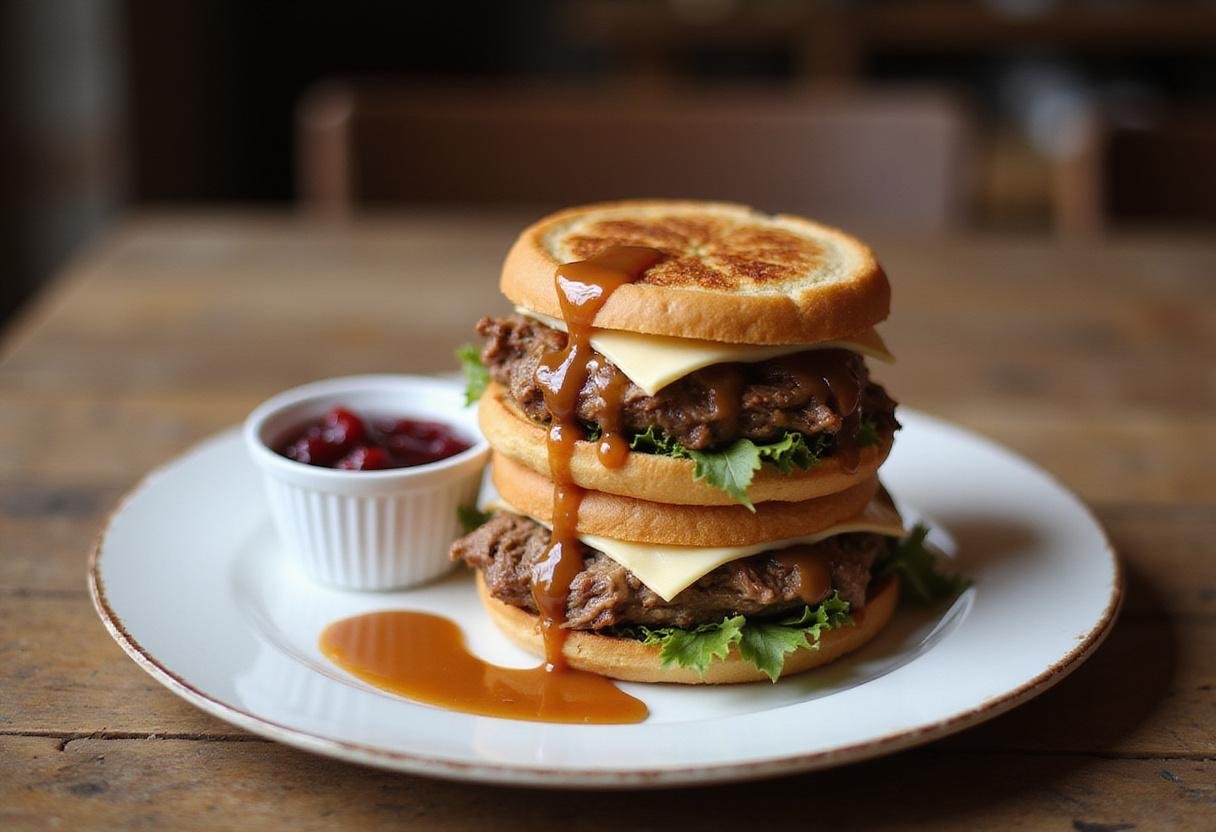 Final presentation of Friends Ross's Moist Maker Sandwich, showcasing the layers and deliciousness, served with cranberry sauce.