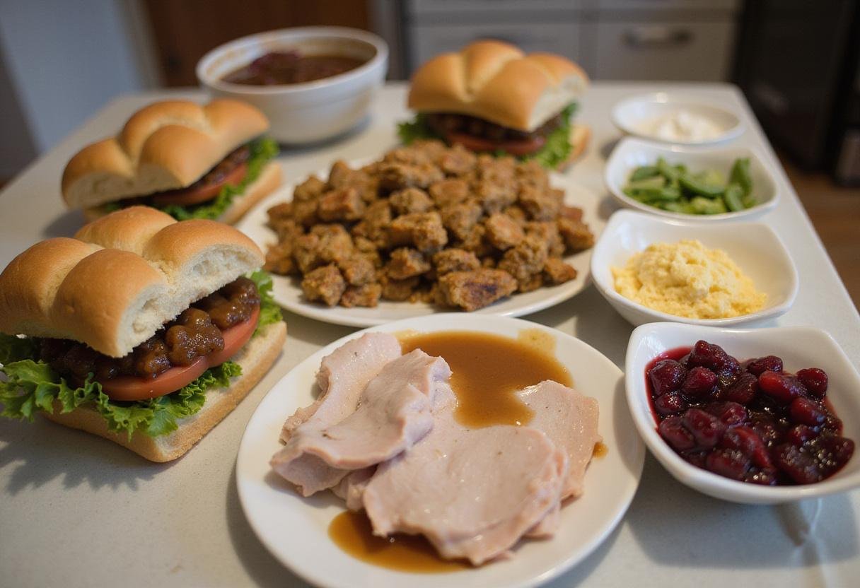 Ingredients for Friends Ross's Moist Maker Sandwich showcasing turkey, stuffing, gravy, and cranberry sauce for a delicious meal.