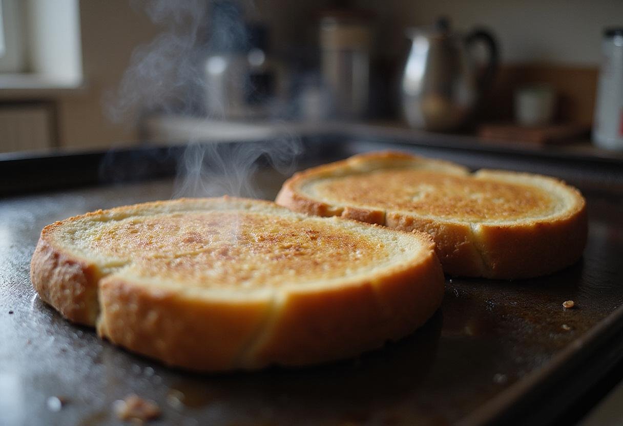 Toasting bread for Friends Ross's Moist Maker Sandwich, achieving a golden-brown texture for a perfect sandwich base.