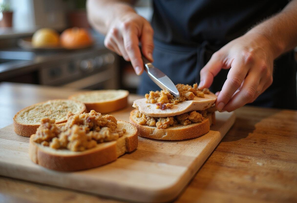 Layering turkey and stuffing on toasted bread for Friends Ross's Moist Maker Sandwich, creating a delicious multi-layered sandwich.