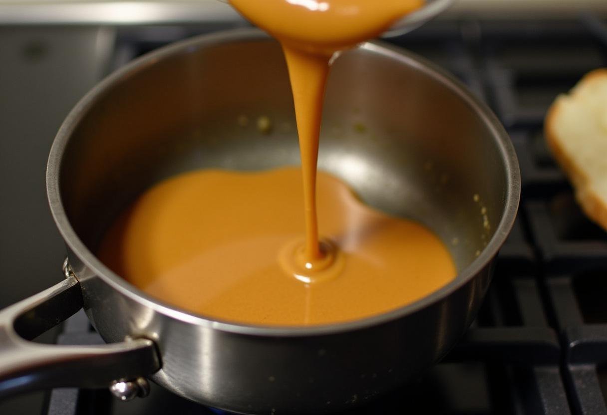 Preparing warm gravy to pour over Friends Ross's Moist Maker Sandwich, enhancing the flavor and richness of the dish.