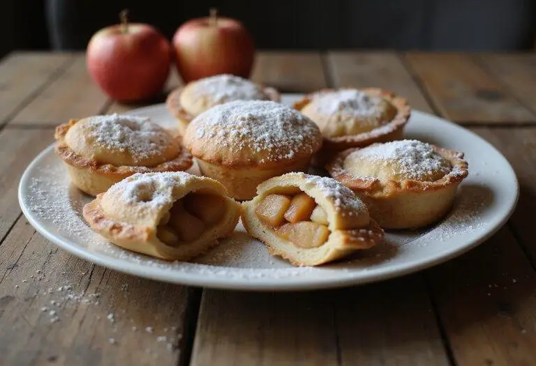 Final presentation of Game of Thrones apple tarts on a rustic wooden table, beautifully arranged and garnished, showcasing their delicious apple filling.