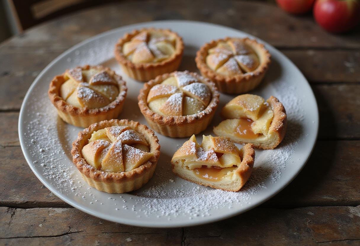 Final presentation of Game of Thrones apple tarts on a rustic wooden table, beautifully arranged and garnished, showcasing their delicious apple filling.
