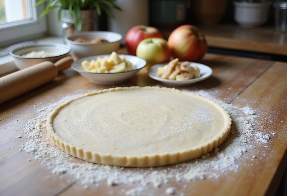 Rolling dough for Game of Thrones apple tarts on a floured surface, surrounded by ingredients like sliced apples and cinnamon in a rustic kitchen.
