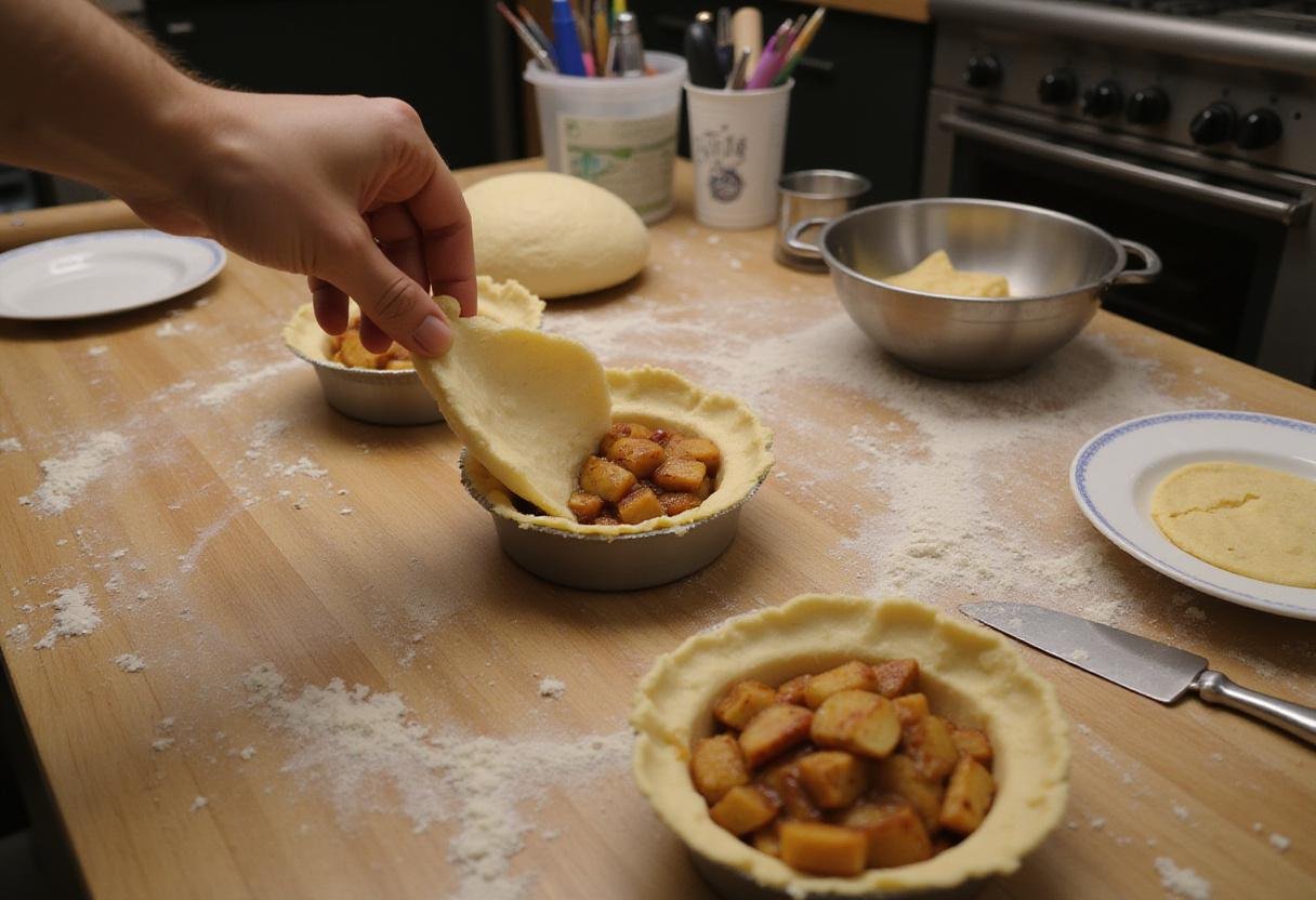 Placing dough into tart pans filled with spiced apple mixture for Game of Thrones apple tarts, showcasing a busy baking scene.