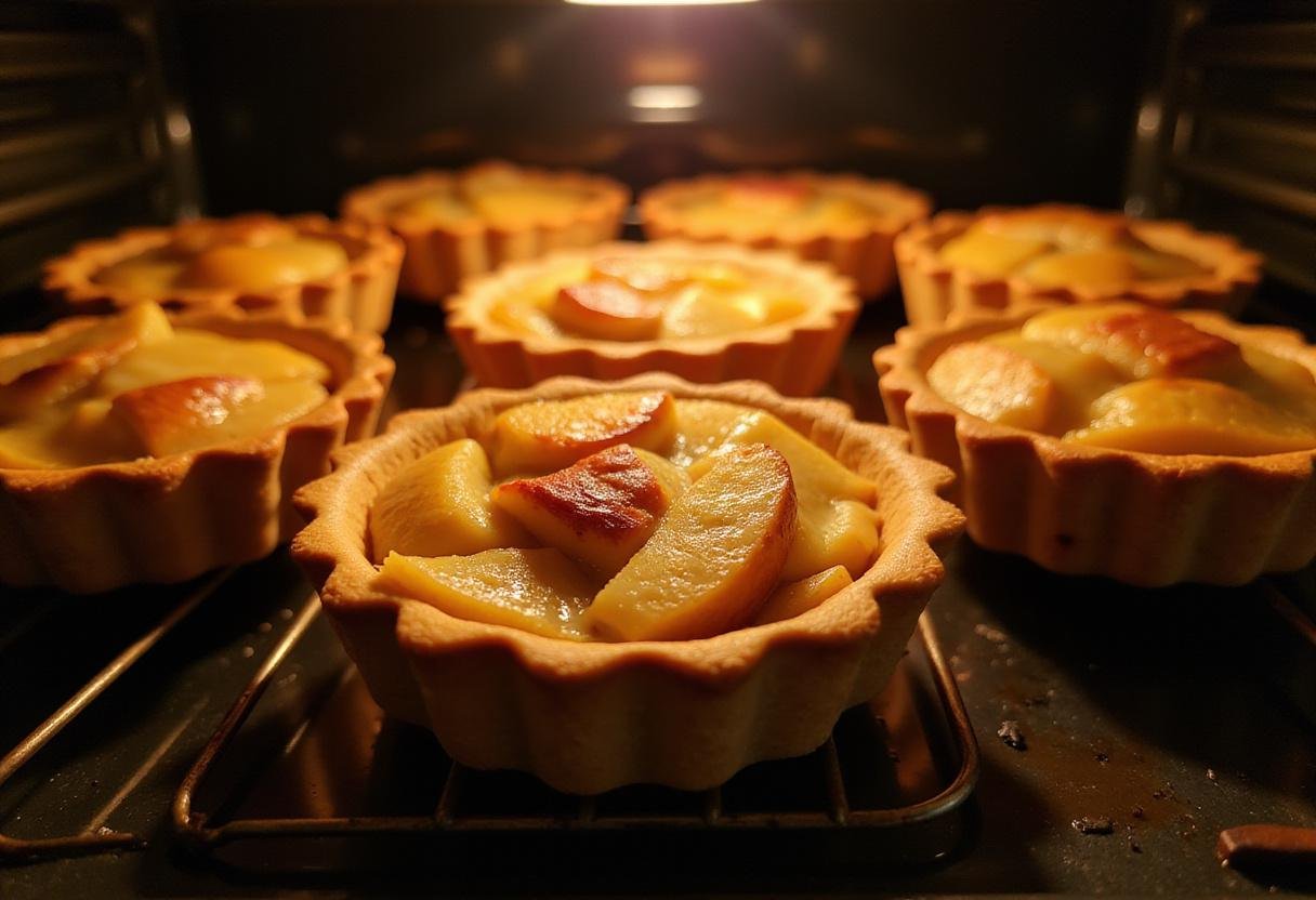Freshly baked Game of Thrones apple tarts coming out of the oven, golden brown with bubbling apple filling, creating an enticing aroma.