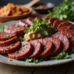 Final presentation of Game of Thrones blood sausage, elegantly plated with fresh herbs, embodying a rich and satisfying feast inspired by the iconic series.