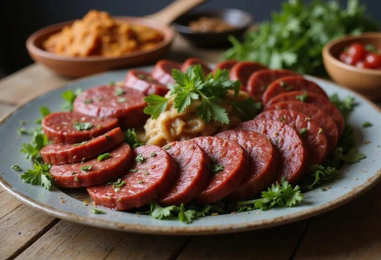 Final presentation of Game of Thrones blood sausage, elegantly plated with fresh herbs, embodying a rich and satisfying feast inspired by the iconic series.