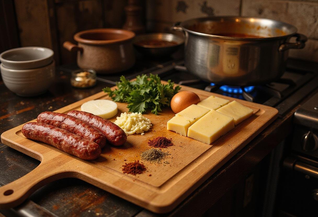 Blood sausage preparation ingredients inspired by Game of Thrones, featuring pork fat, onions, and spices on a wooden cutting board in a cozy, rustic kitchen.