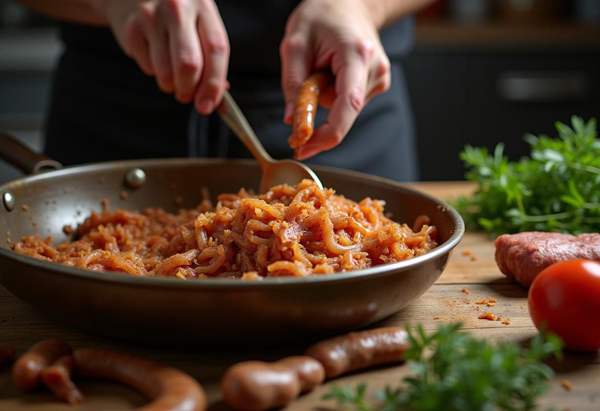 Chef preparing blood sausage by mixing cooked onions and spices, showcasing a hearty and rustic cooking scene reminiscent of Game of Thrones.