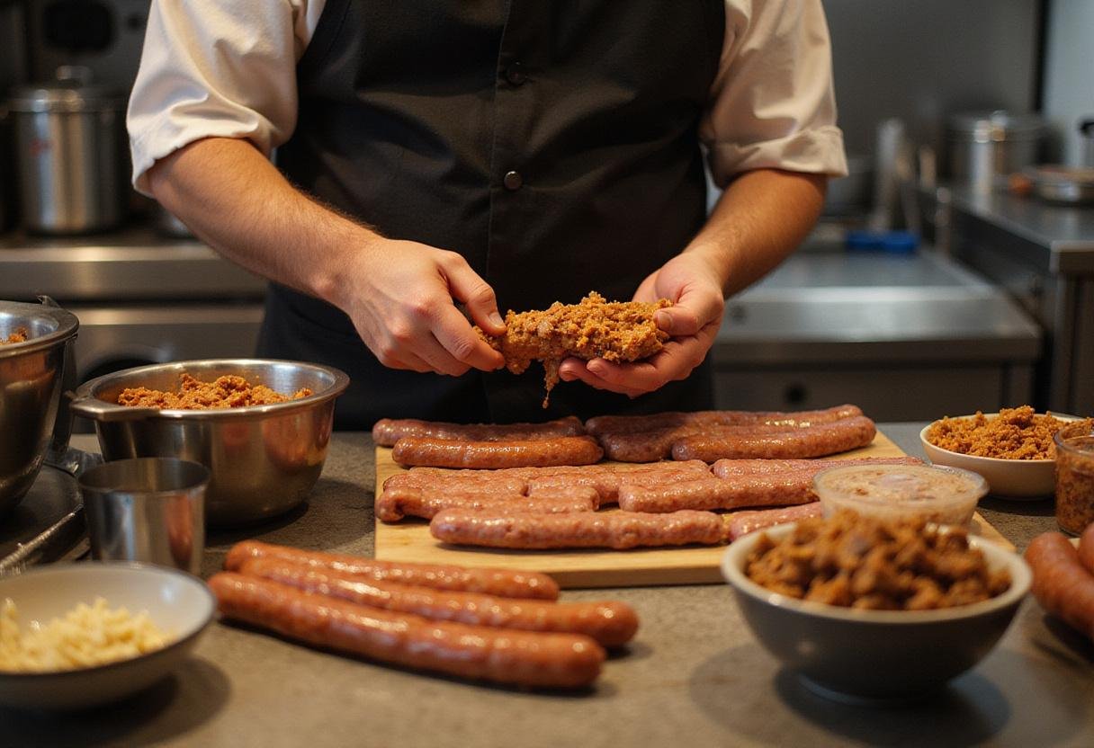 Game of Thrones blood sausage being stuffed into casings, highlighting an engaging and dynamic cooking process in a traditional kitchen setting.