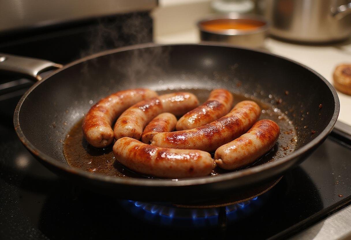 Cooking blood sausages in a skillet, showcasing golden-brown deliciousness and rich flavors in an authentic medieval-inspired kitchen.