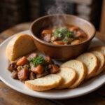 Final presentation of Game of Thrones hard bread and stew, showcasing a rustic meal that's hearty and fulfilling.