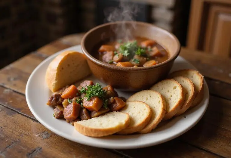 Final presentation of Game of Thrones hard bread and stew, showcasing a rustic meal that's hearty and fulfilling.