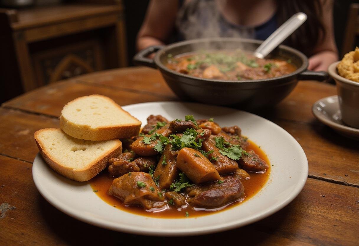 Final presentation of Game of Thrones hard bread and stew, showcasing a rustic meal that's hearty and fulfilling.