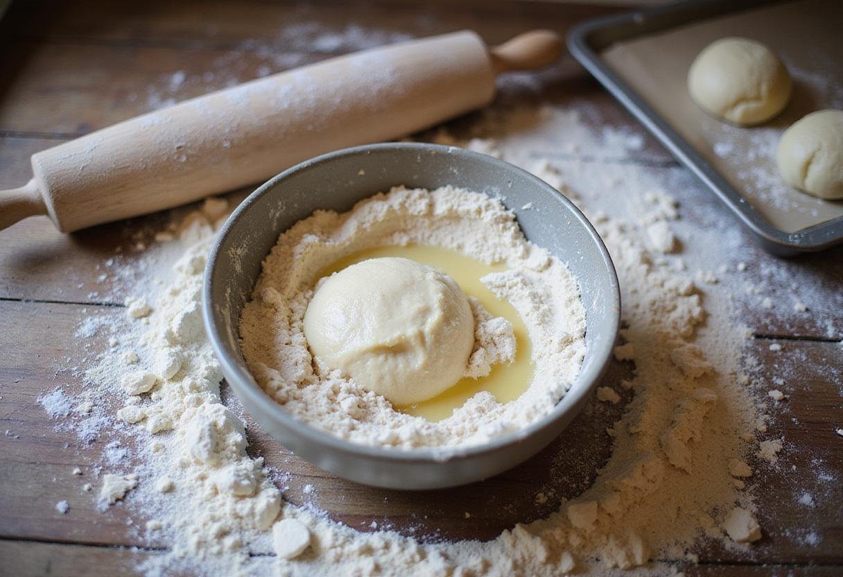 Game of Thrones hard bread preparation with dough ingredients like yeast, water, and flour displayed on a rustic kitchen table.