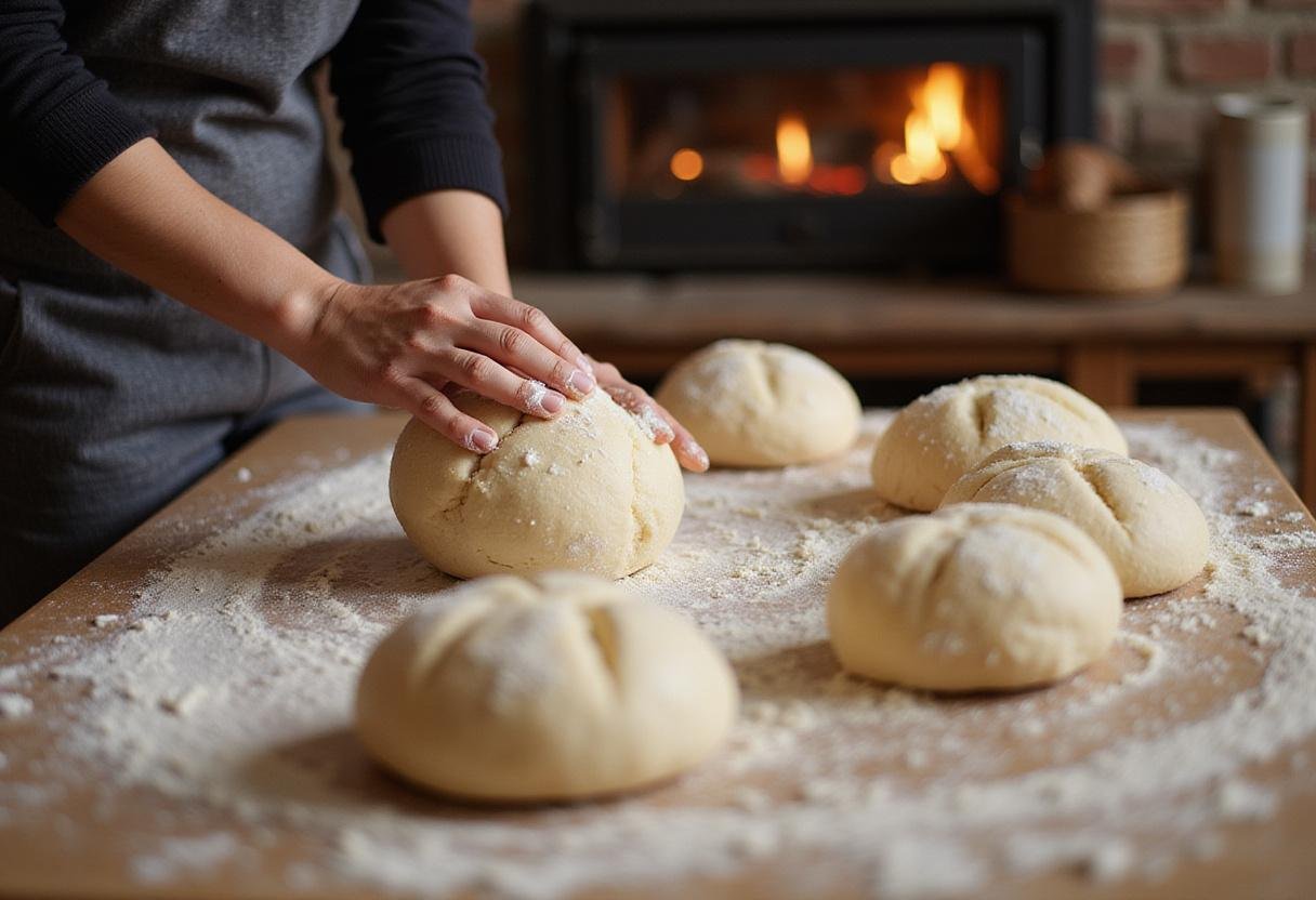 Shaping loaves of hard bread inspired by Game of Thrones in a cozy kitchen, showcasing traditional bread-making techniques.