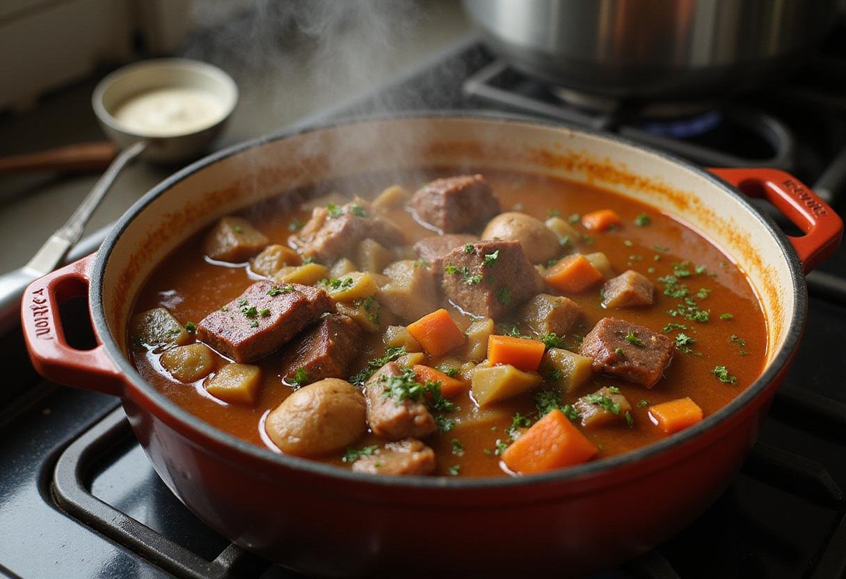 Hearty stew cooking in a pot, featuring meat and vegetables, capturing the essence of a Game of Thrones meal.