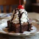 Gourmet Gilmore Girls brownie sundae served with whipped cream and cherry, a delightful dessert display.