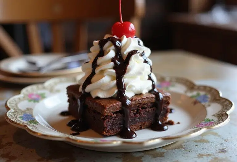 Gourmet Gilmore Girls brownie sundae served with whipped cream and cherry, a delightful dessert display.