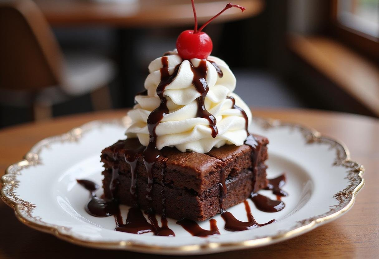 Gourmet Gilmore Girls brownie sundae served with whipped cream and cherry, a delightful dessert display.