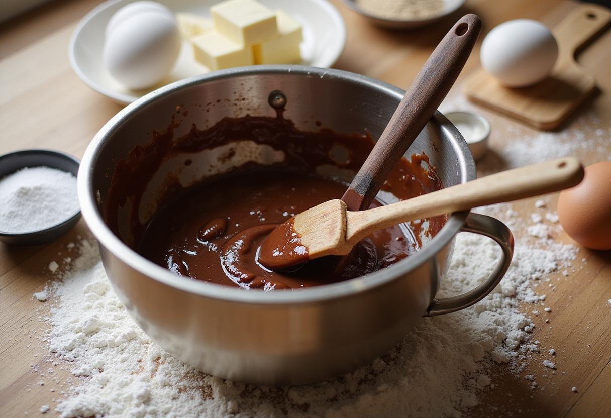 Delicious Gilmore Girls brownie sundae ingredients including melted chocolate and butter on a kitchen counter.