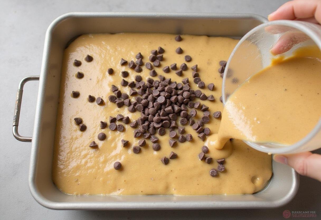 Pouring rich brownie batter with chocolate chips into a pan for Gilmore Girls style brownie sundaes.