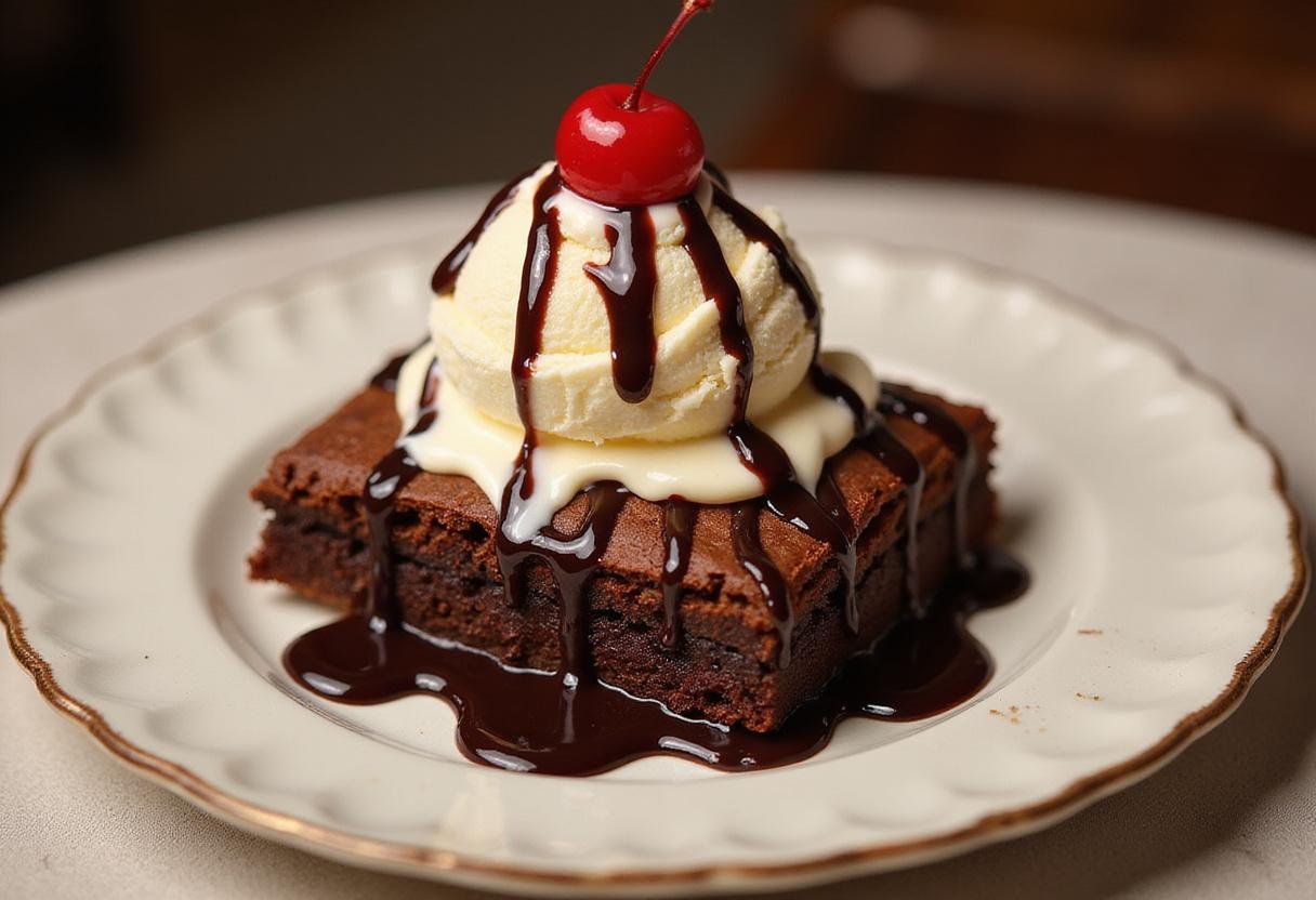 Creating the perfect Gilmore Girls brownie sundae with ice cream and chocolate sauce on top of a brownie.