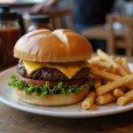 Delicious Gilmore Girls cheeseburger and fries served on a wooden table, showcasing the perfect meal for any fan.