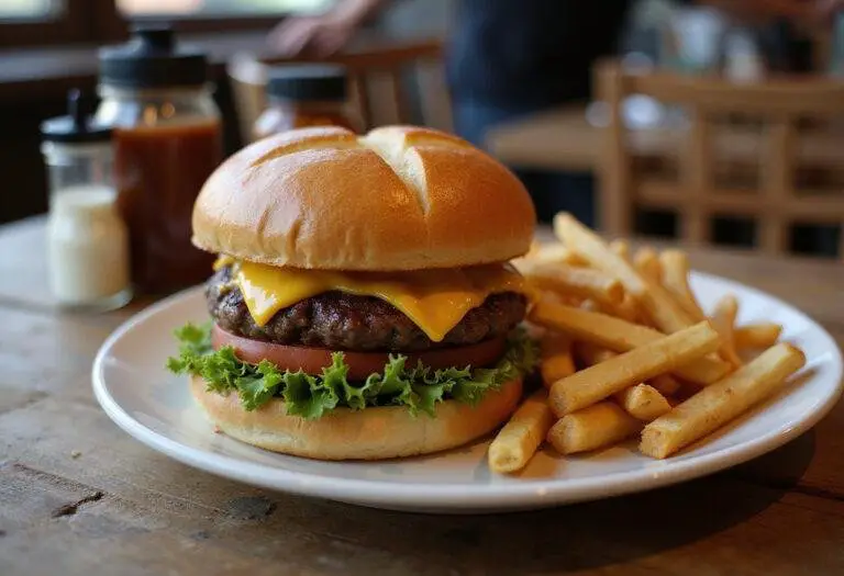 Delicious Gilmore Girls cheeseburger and fries served on a wooden table, showcasing the perfect meal for any fan.