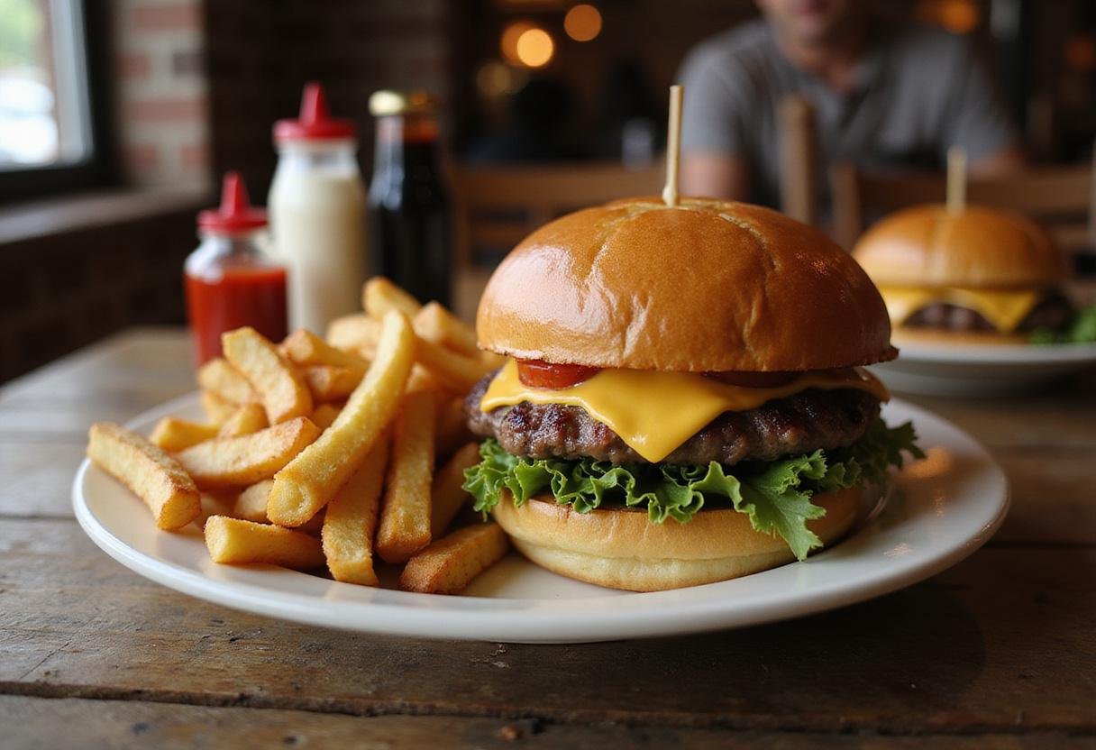 Delicious Gilmore Girls cheeseburger and fries served on a wooden table, showcasing the perfect meal for any fan.