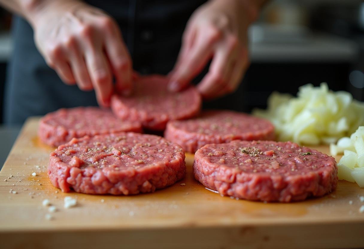 Freshly shaped beef patties on a cutting board with onions and seasonings for the perfect Gilmore Girls cheeseburger.