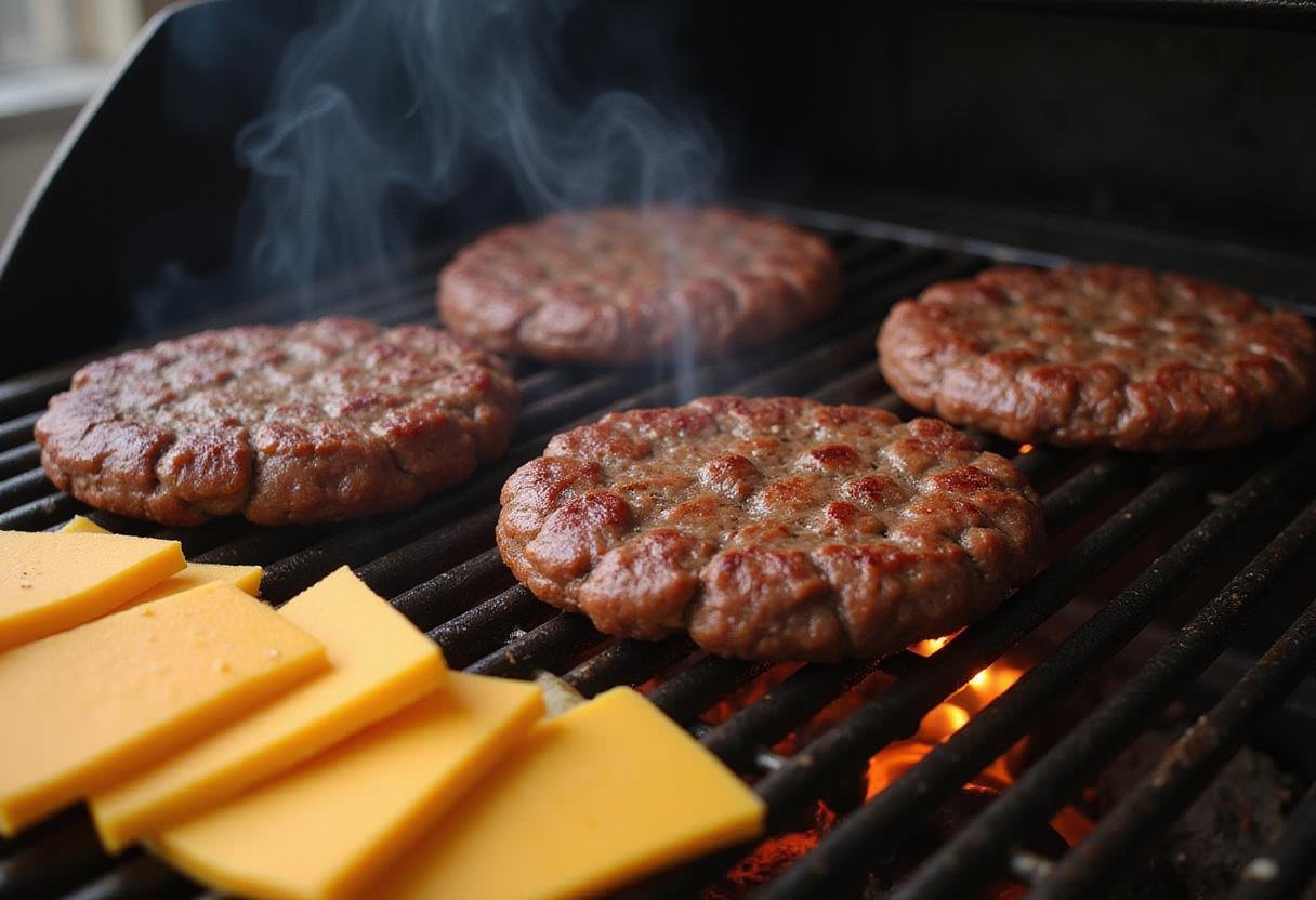 Sizzling beef patties on a grill for a Gilmore Girls cheeseburger, with cheese slices prepared to melt beautifully.