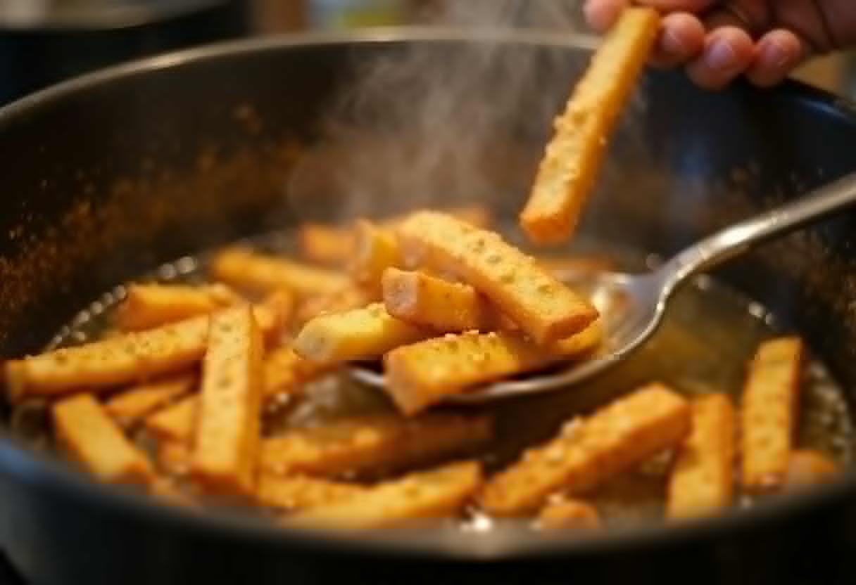 Hot golden fries fresh out of the fryer, seasoned to perfection, ideal for a flavorful cheeseburger and fries meal.