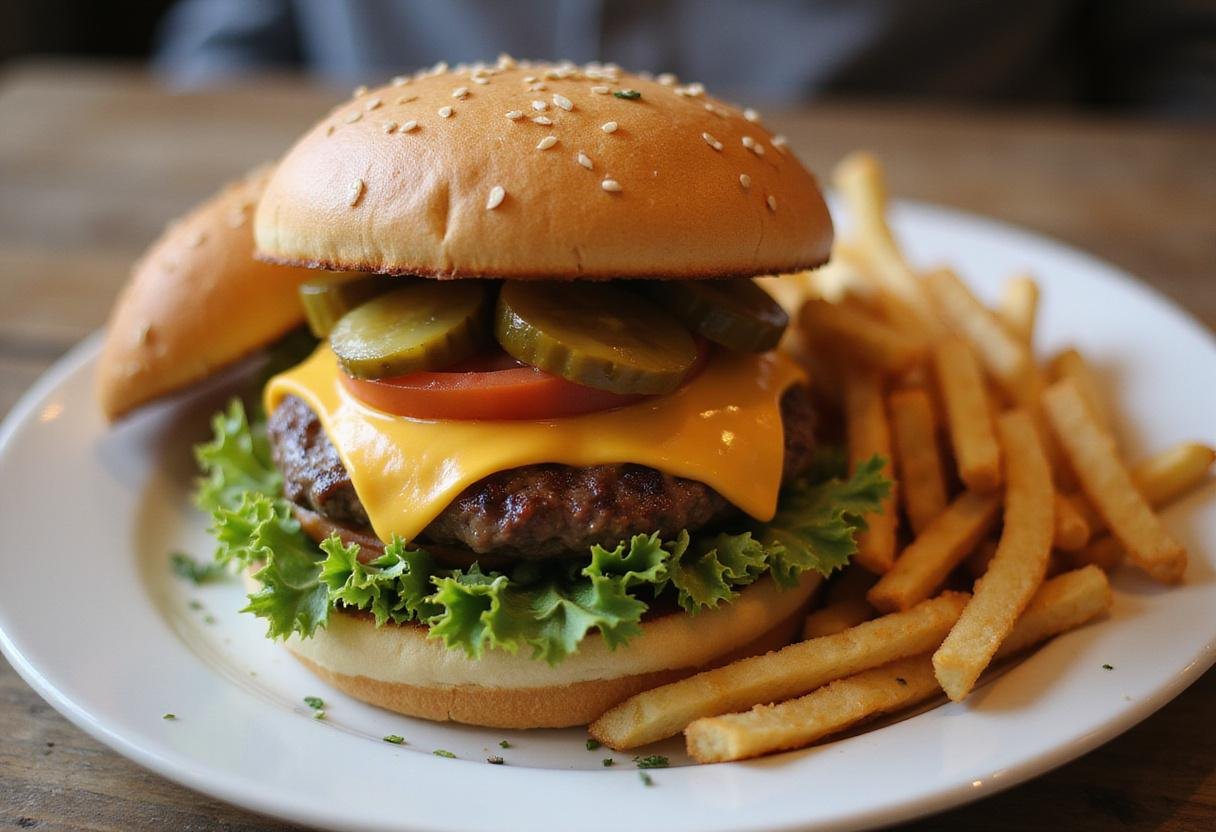 Beautifully assembled Gilmore Girls cheeseburger with fresh toppings and crispy fries, ready to serve.