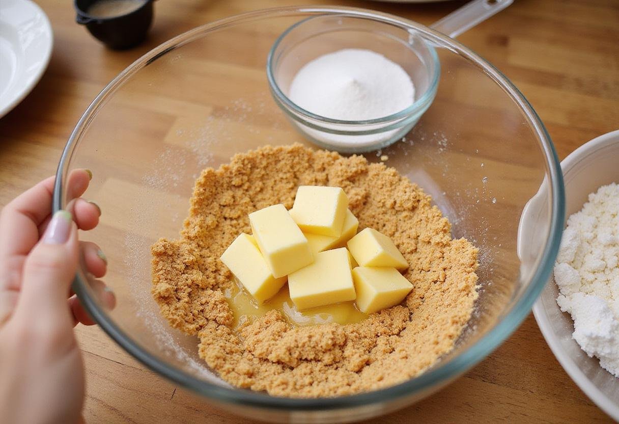 Making the crust for Gilmore Girls cheesecake bites with graham cracker crumbs and melted butter.