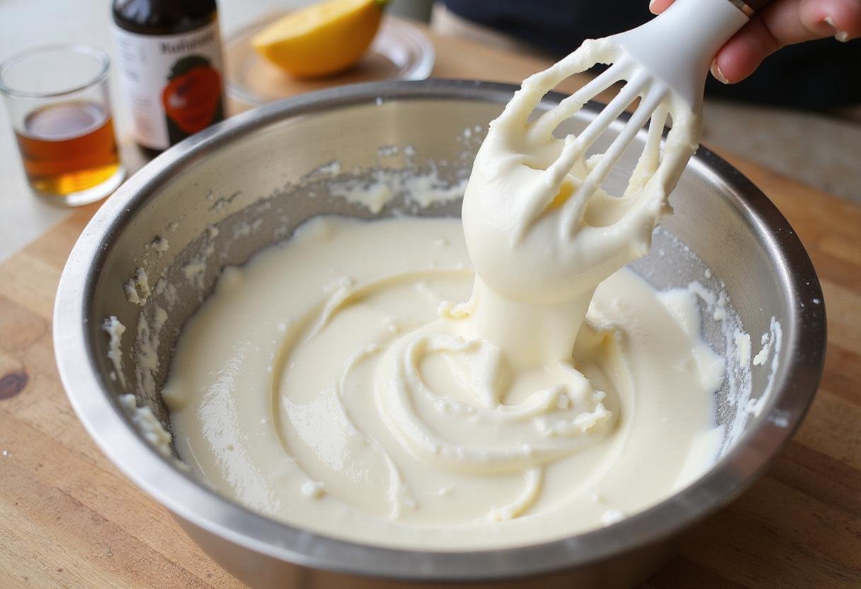 Creating the creamy filling for Gilmore Girls cheesecake bites using cream cheese, sugar, and vanilla.