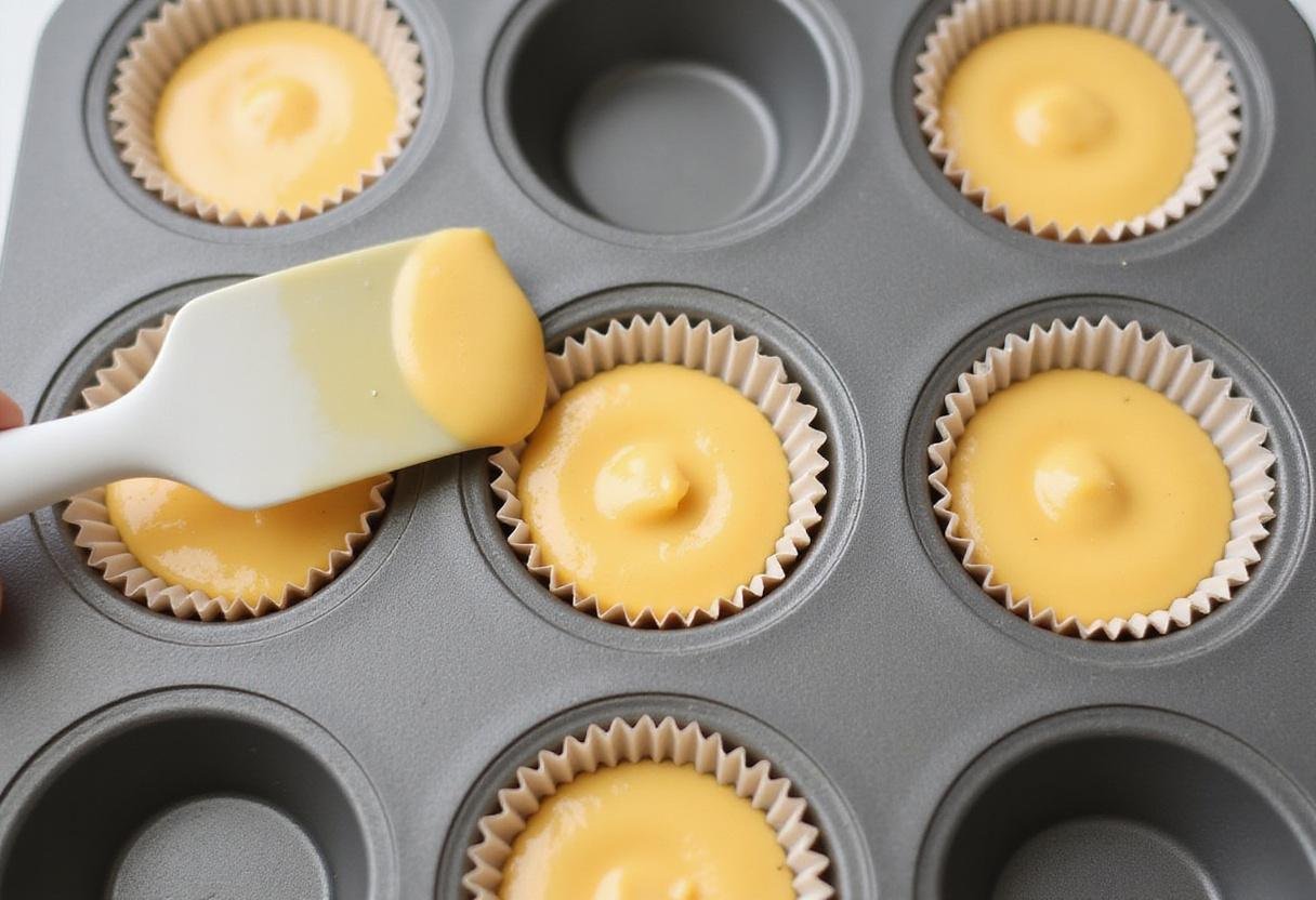 Pouring the cheesecake filling into cupcake liners for Gilmore Girls cheesecake bites.