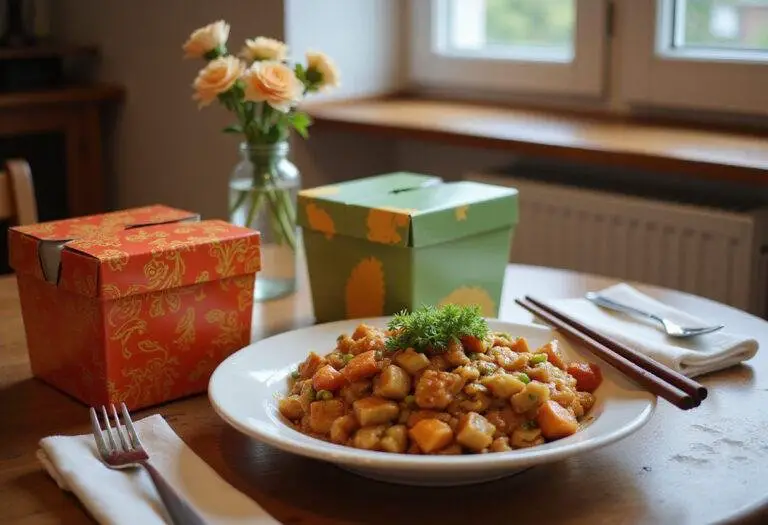 Beautifully set table showcasing Gilmore Girls inspired Chinese takeout meal, vibrant takeout boxes, and cozy dining atmosphere.