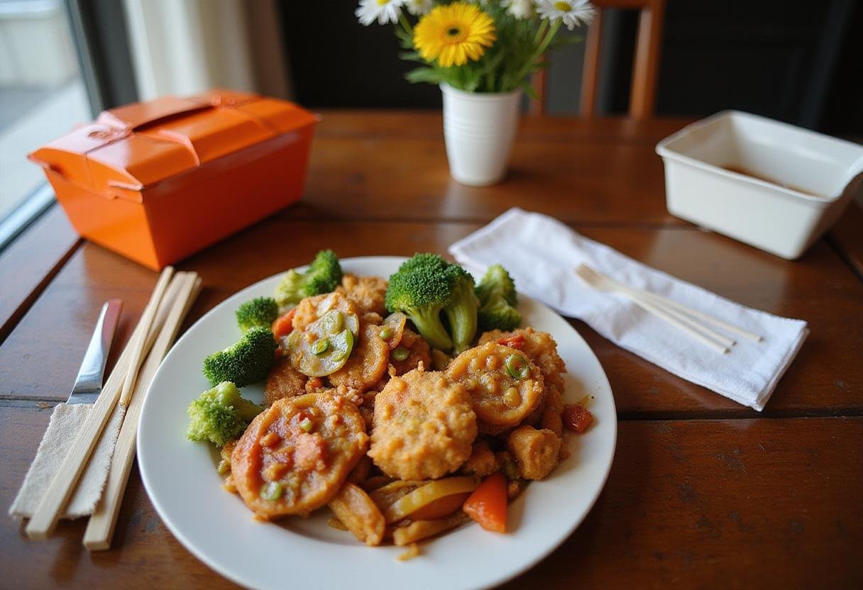 Beautifully set table showcasing Gilmore Girls inspired Chinese takeout meal, vibrant takeout boxes, and cozy dining atmosphere.