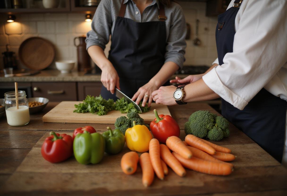 Chopping fresh vegetables for Gilmore Girls inspired Chinese takeout night, cozy kitchen setting with vintage decor.