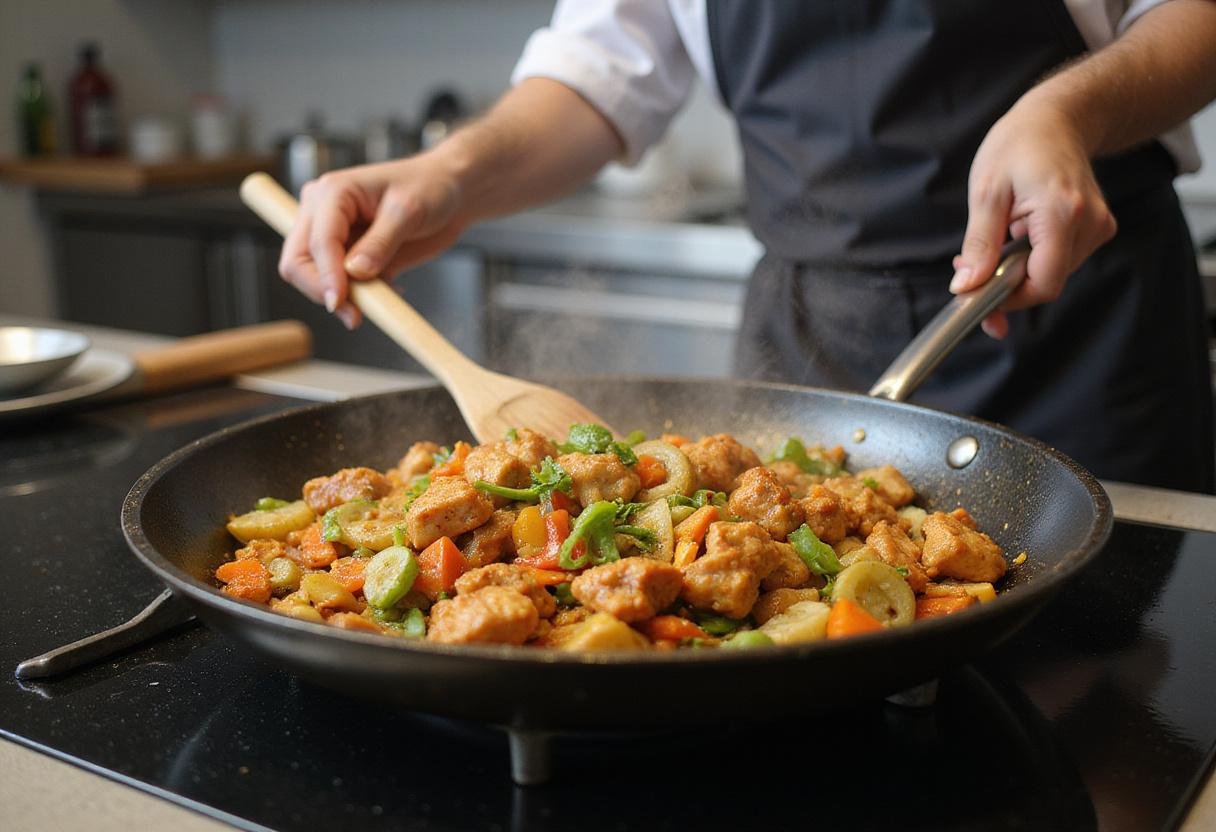 Stir-frying chicken and vegetables in a cozy kitchen for Gilmore Girls themed Chinese takeout night, aromatic atmosphere.