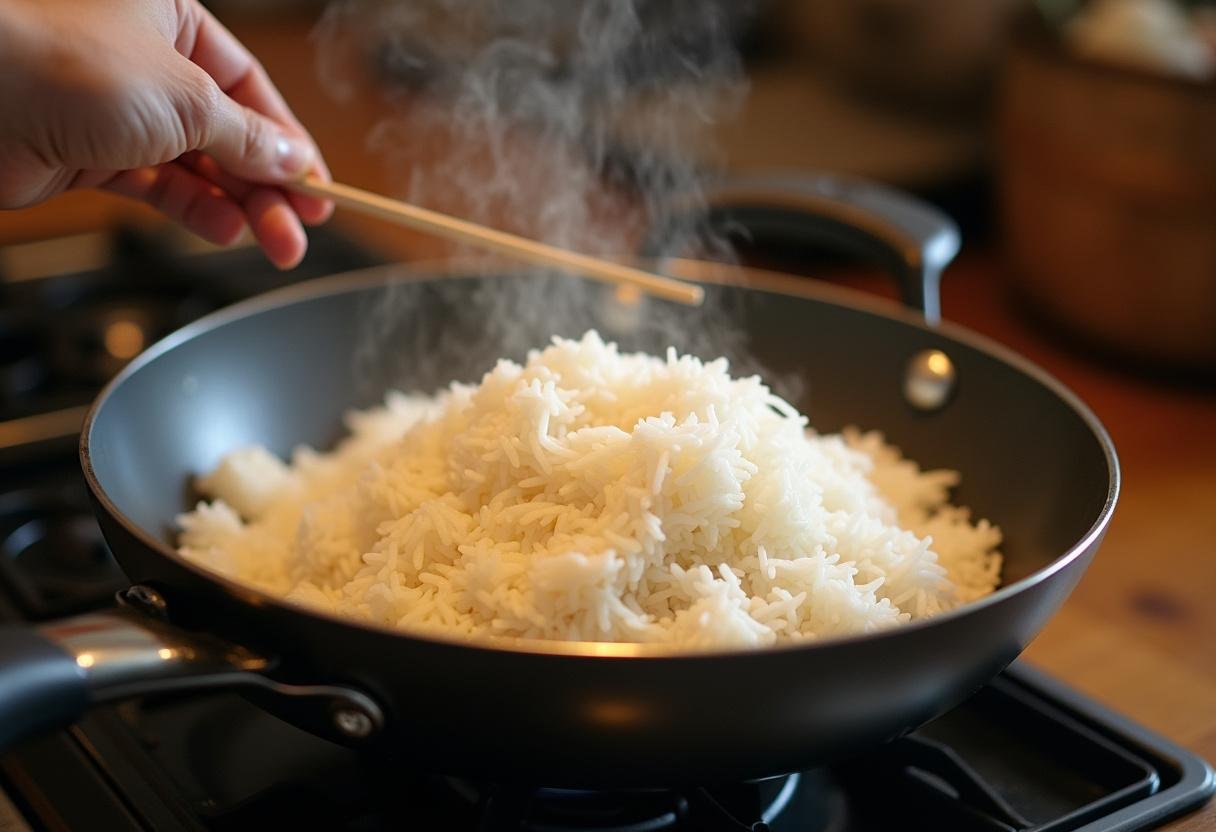Preparing fluffy jasmine rice for a Chinese takeout night inspired by Gilmore Girls, warm inviting kitchen scene.