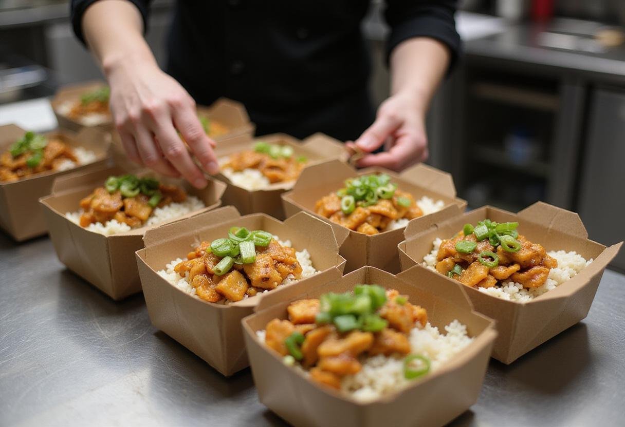 Assembling takeout boxes for Gilmore Girls themed dinner featuring stir-fry and jasmine rice, beautifully presented.