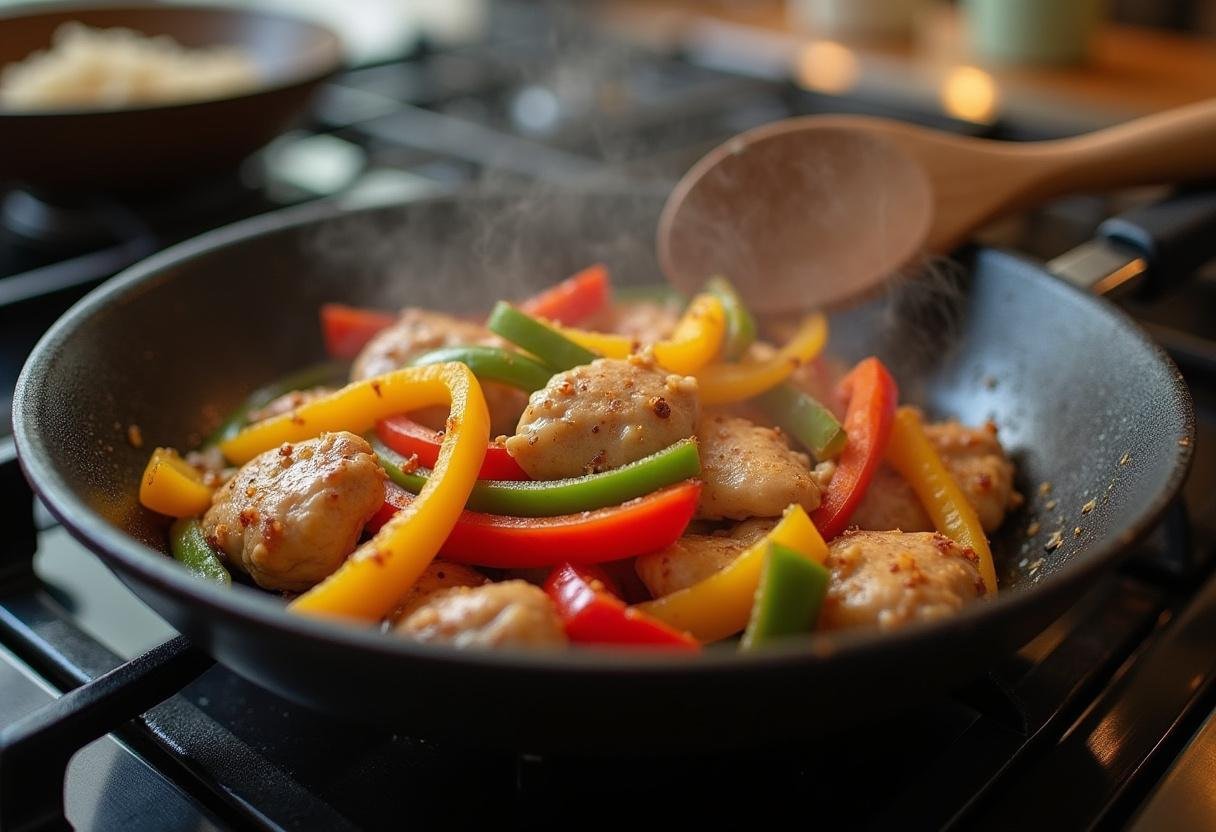 Stir-frying chicken and bell peppers for homemade Chinese takeout inspired by Gilmore Girls.