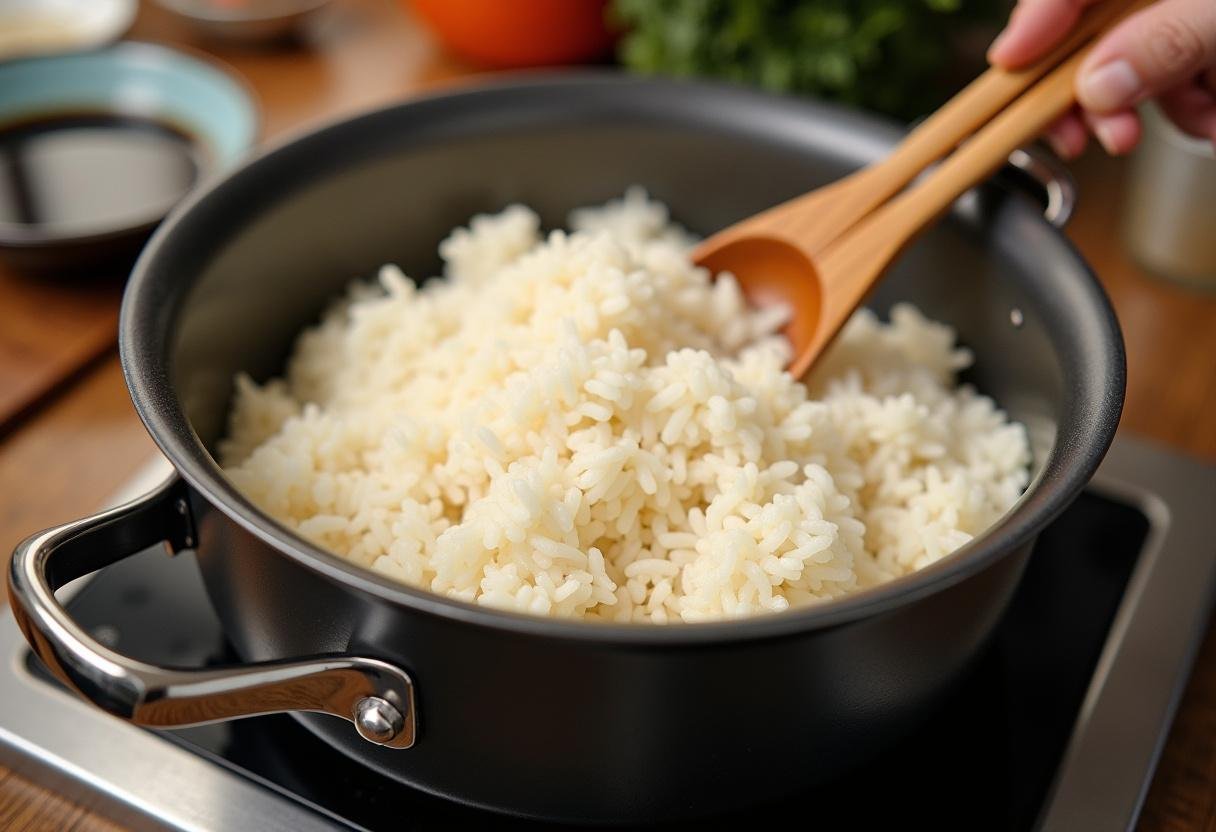 Fluffed jasmine rice alongside soy sauce, ready for Gilmore Girls Chinese Takeout meal.