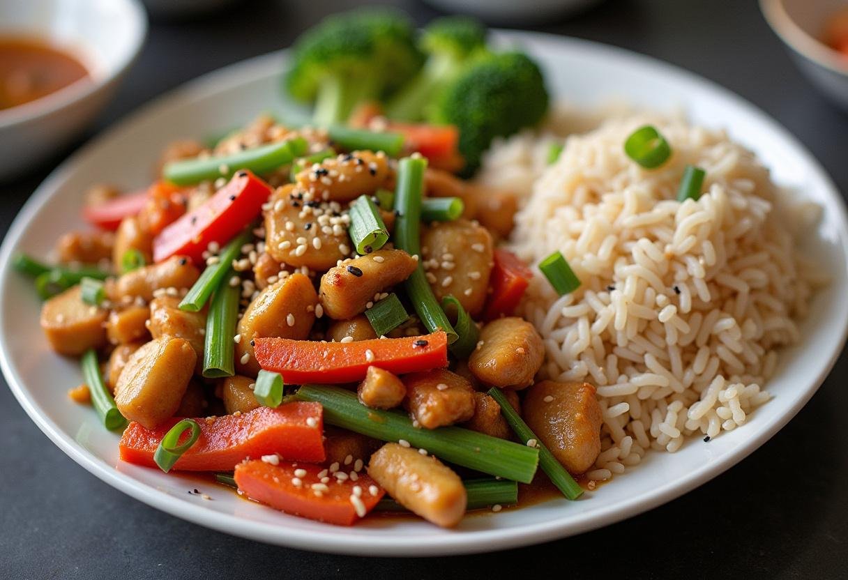 Platter of homemade Chinese takeout inspired by Gilmore Girls, featuring chicken and veggies with jasmine rice.
