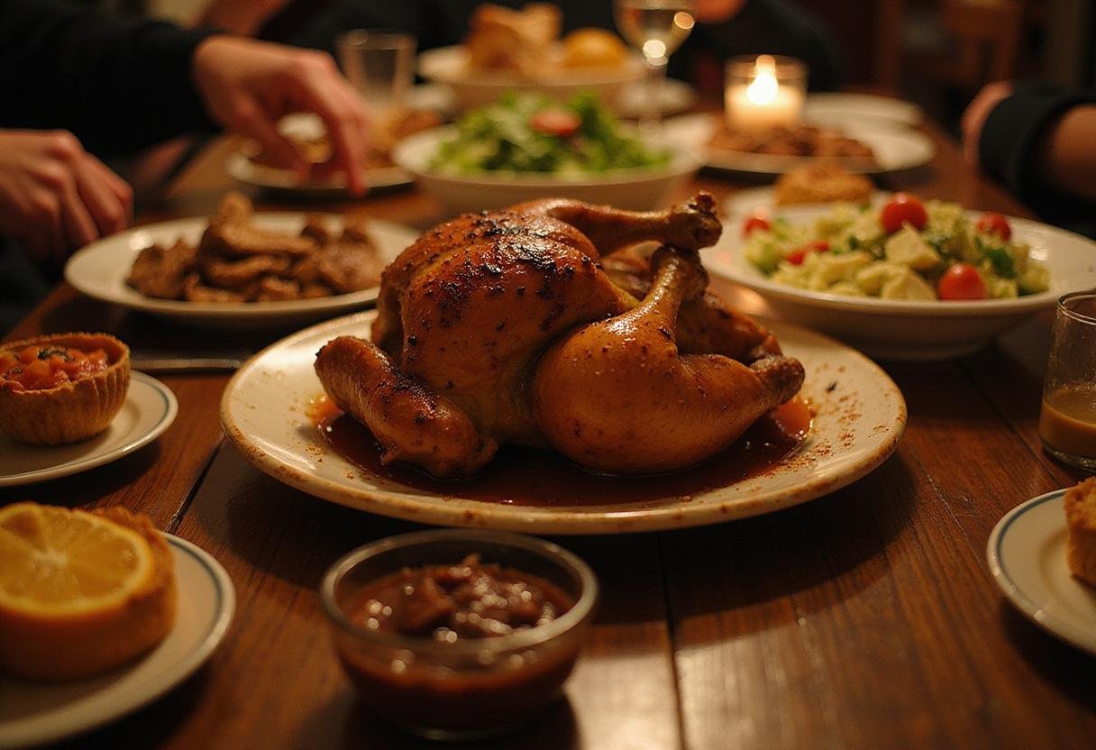 Final display of Gilmore Girls Friday Night Dinner featuring a spread of roasted chicken, beef stew, salad, and desserts, encapsulating family bonding over meals.