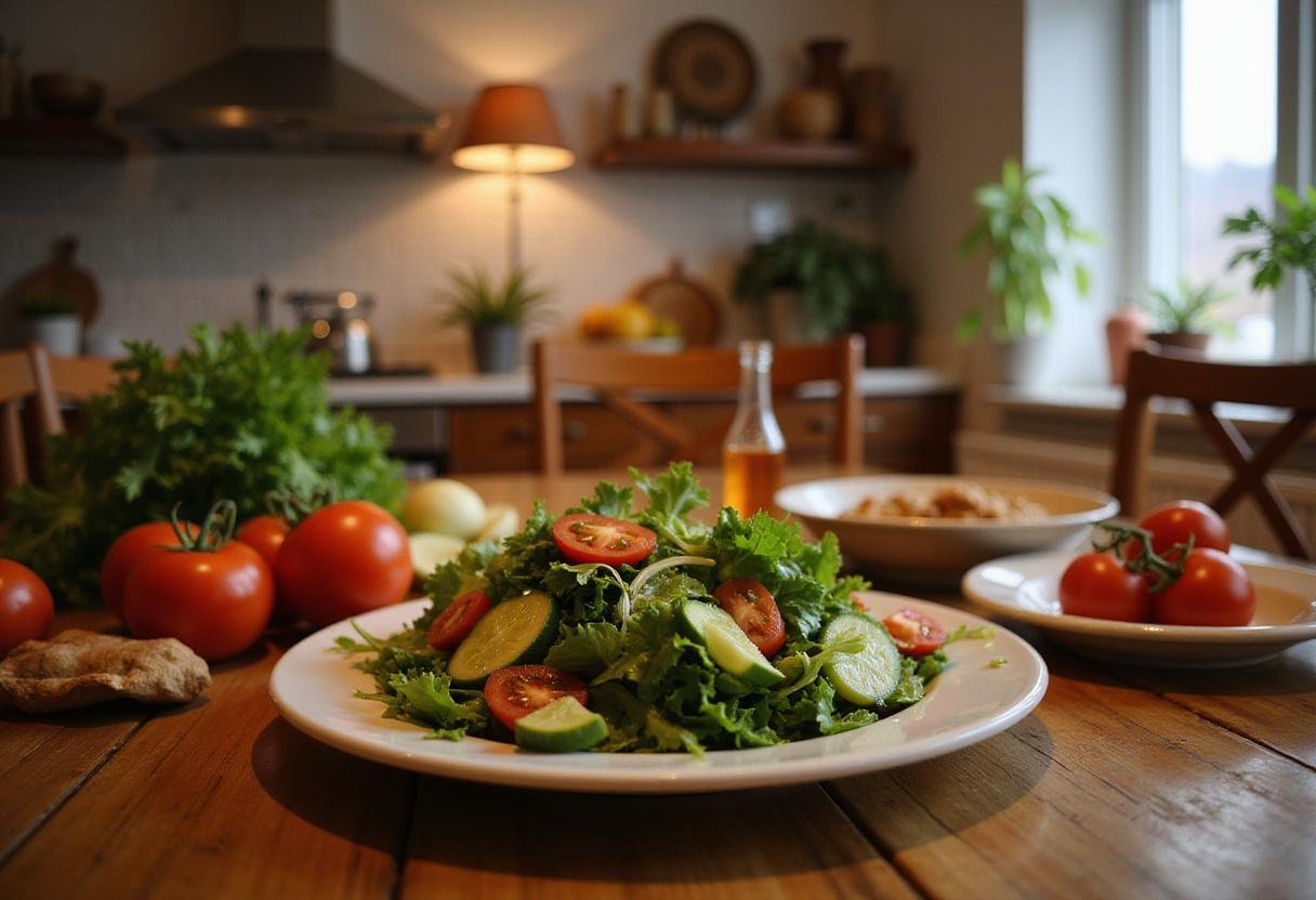 Preparation of Gilmore Girls Friday Night Dinner with fresh ingredients including salad, bringing family together for a cozy meal experience.